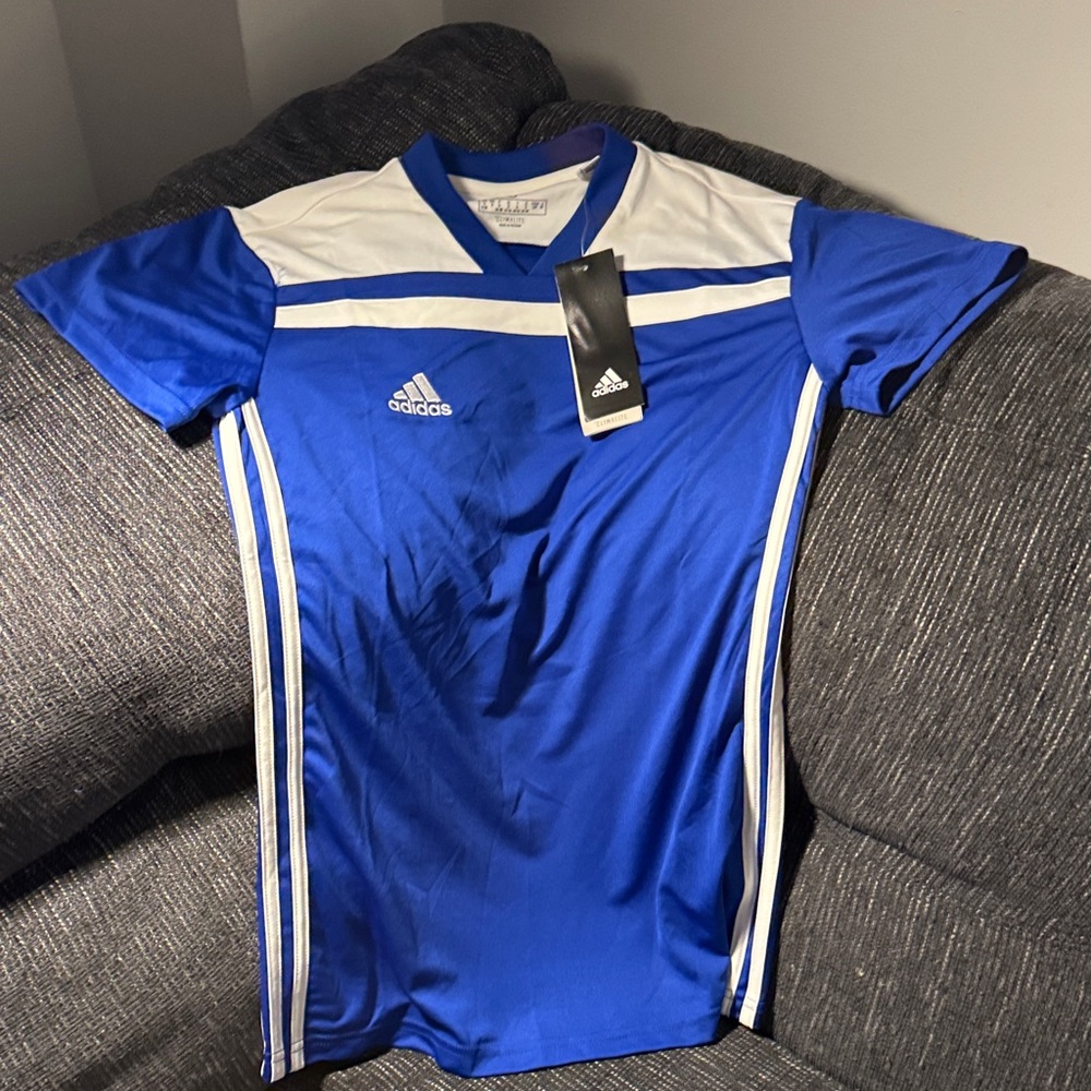 $5- Adidas women Blue and White Jersey - NWT with defect see photo